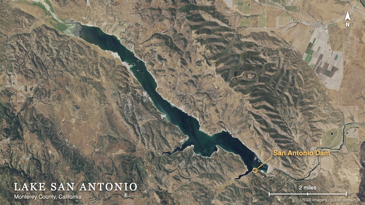 Aerial photograph of Lake San Antonio, Monterey County, a long narrow reservoir with the dam at its southeastern end.