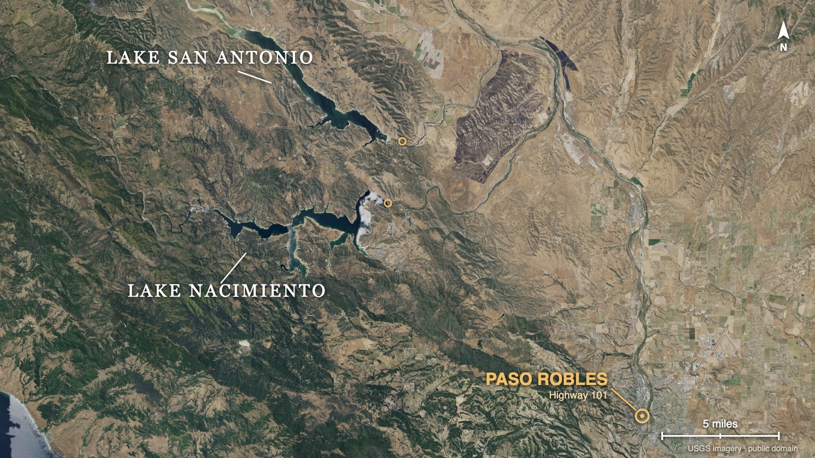 Aerial photograph showing Lake San Antonio to the northwest, Lake Nacimiento in the middle, and the town of Paso Robles on Highway 101 to the southeast.